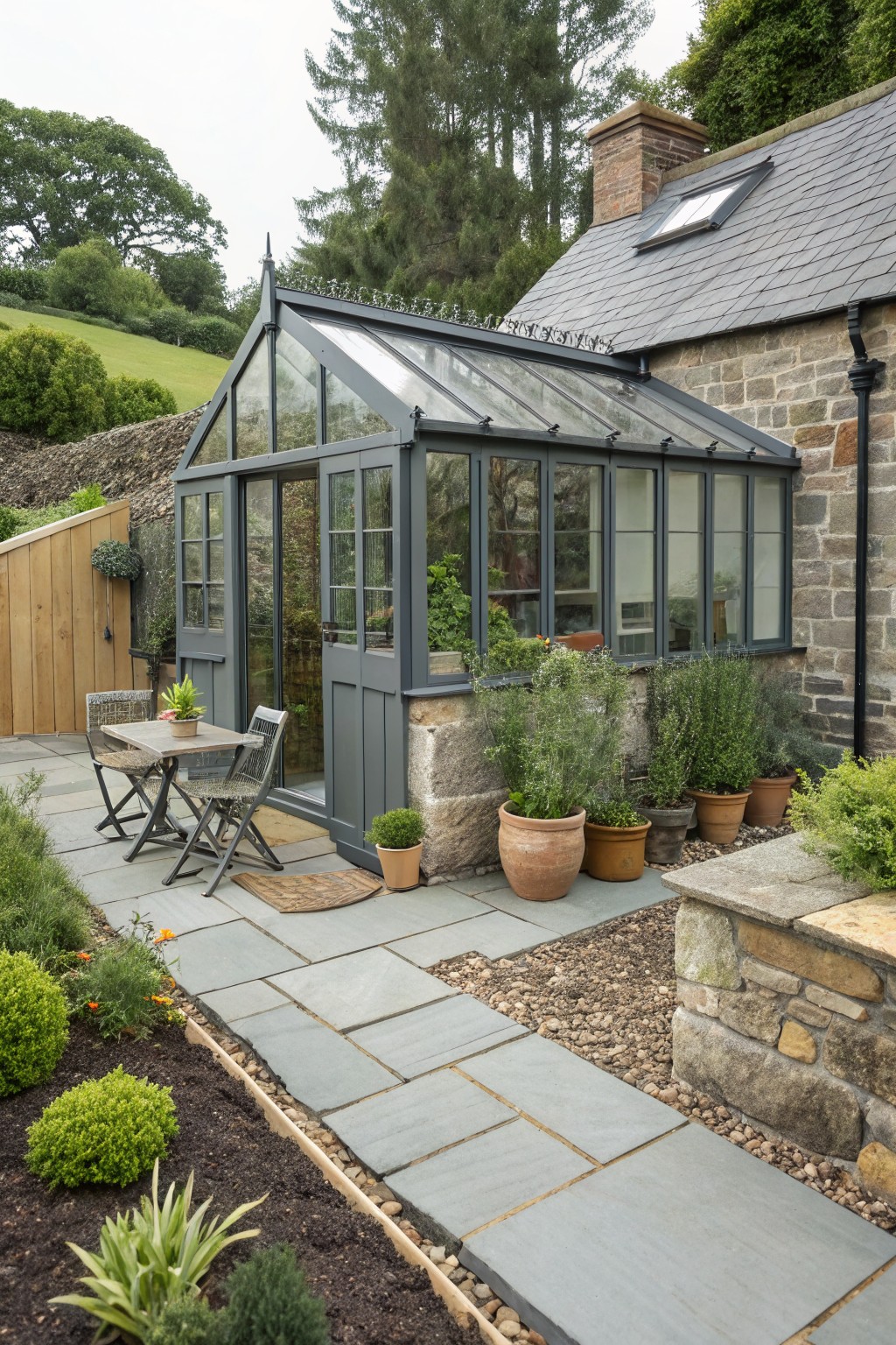 Gray stone cottage with attached dark-framed glass greenhouse extension, small bistro table and chairs on slate patio, surrounded by potted plants, gravel, and garden beds against wooded hillside.