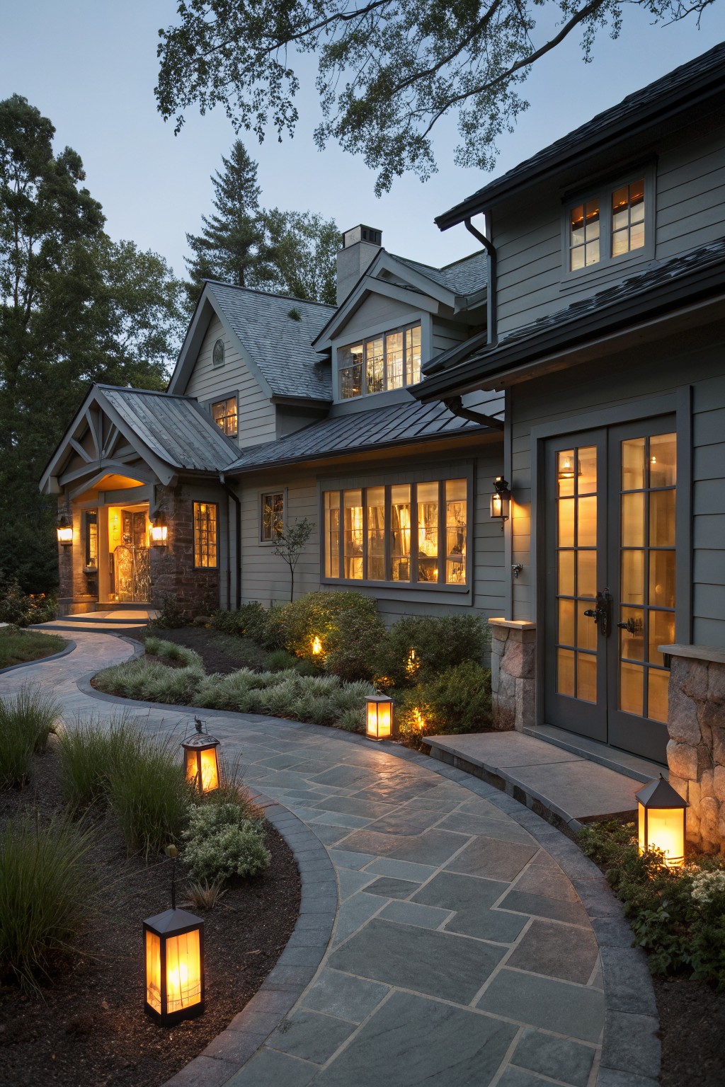 Evening photo of a gray shingle-style cottage house exterior featuring a curving slate stone pathway lined with glowing lanterns leading to a lit entry door, with low shrubs and trees around.