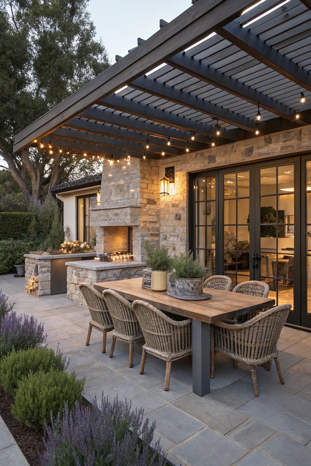 Patio area under a dark slatted pergola strung with string lights, featuring a rectangular wooden dining table with rattan chairs, adjacent stone outdoor kitchen and fireplace, and glass doors to the house.