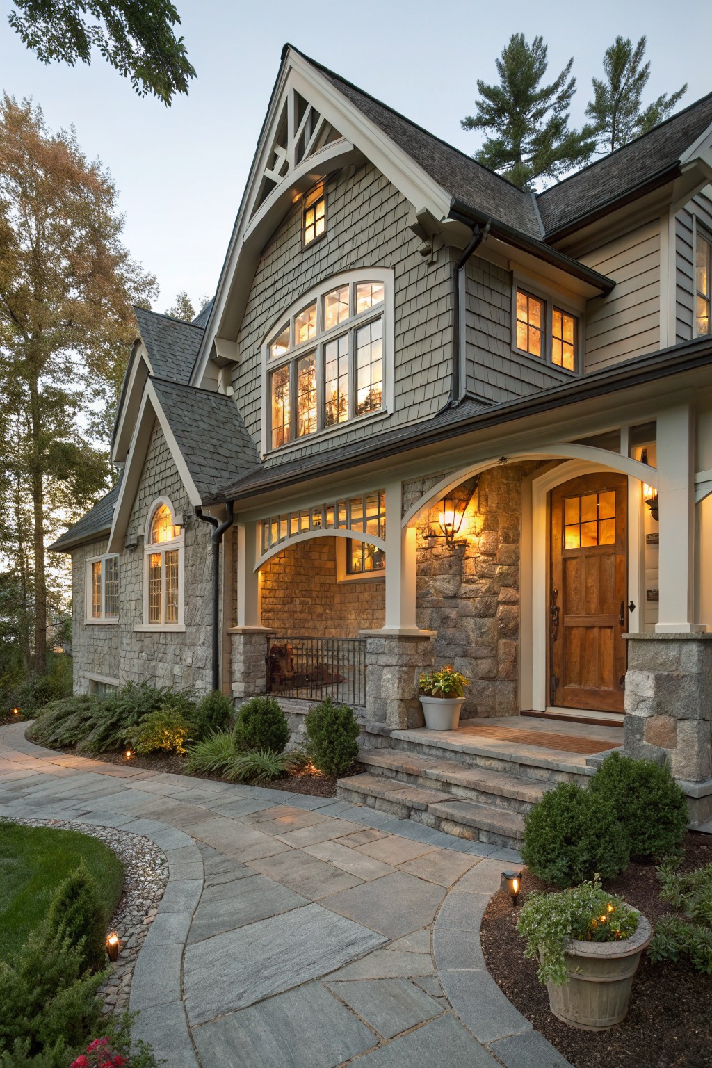 Gray shingle siding house exterior with stone pillars and base supporting an arched covered porch entry, wooden door lit by lanterns, large windows, curved stone path, shrubs, and trees in evening light.