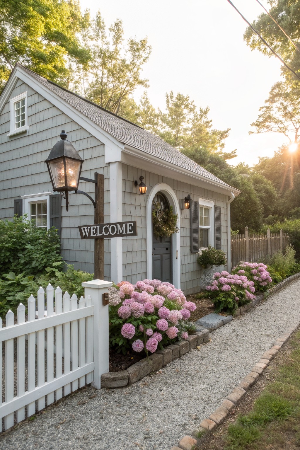 Gray shingled cottage exterior featuring an arched front door with lanterns and a welcome sign, a gravel path lined with pink hydrangeas, and a white picket fence gate.