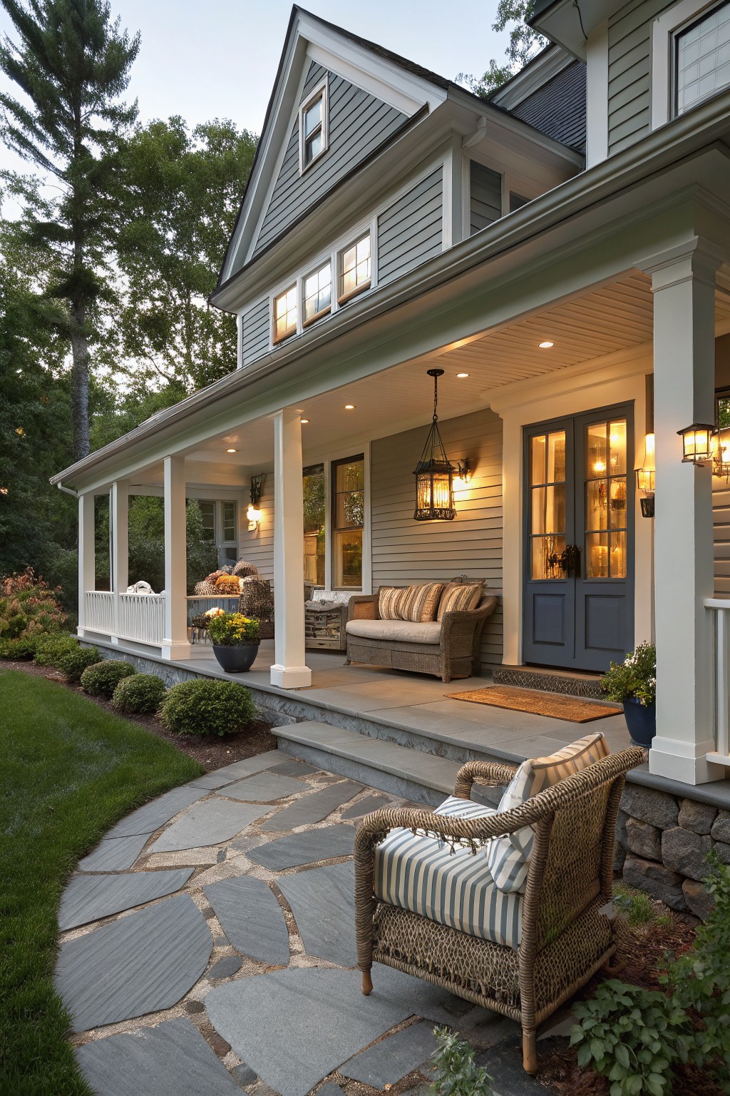 Gray shingle house with white trim and wraparound porch supported by columns, featuring dark blue double doors, wicker chairs and sofa, potted plants, stone pathway, and landscaped borders at dusk.