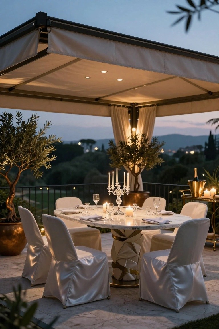 Pergola-covered outdoor terrace at dusk with a round marble dining table set with white linens, wine glasses, candelabras, and candles, white draped chairs, potted olive trees, and a hillside view.