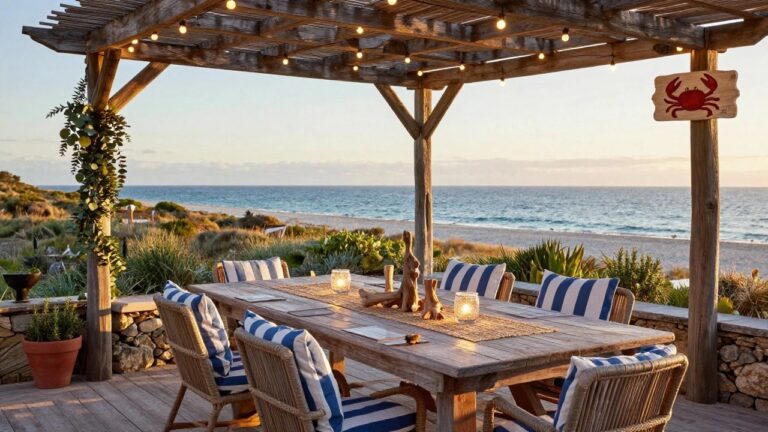 Wooden pergola with draped string lights and hanging plants over a set dining table with blue-striped chairs, stone walls, potted plants, and ocean view in background.