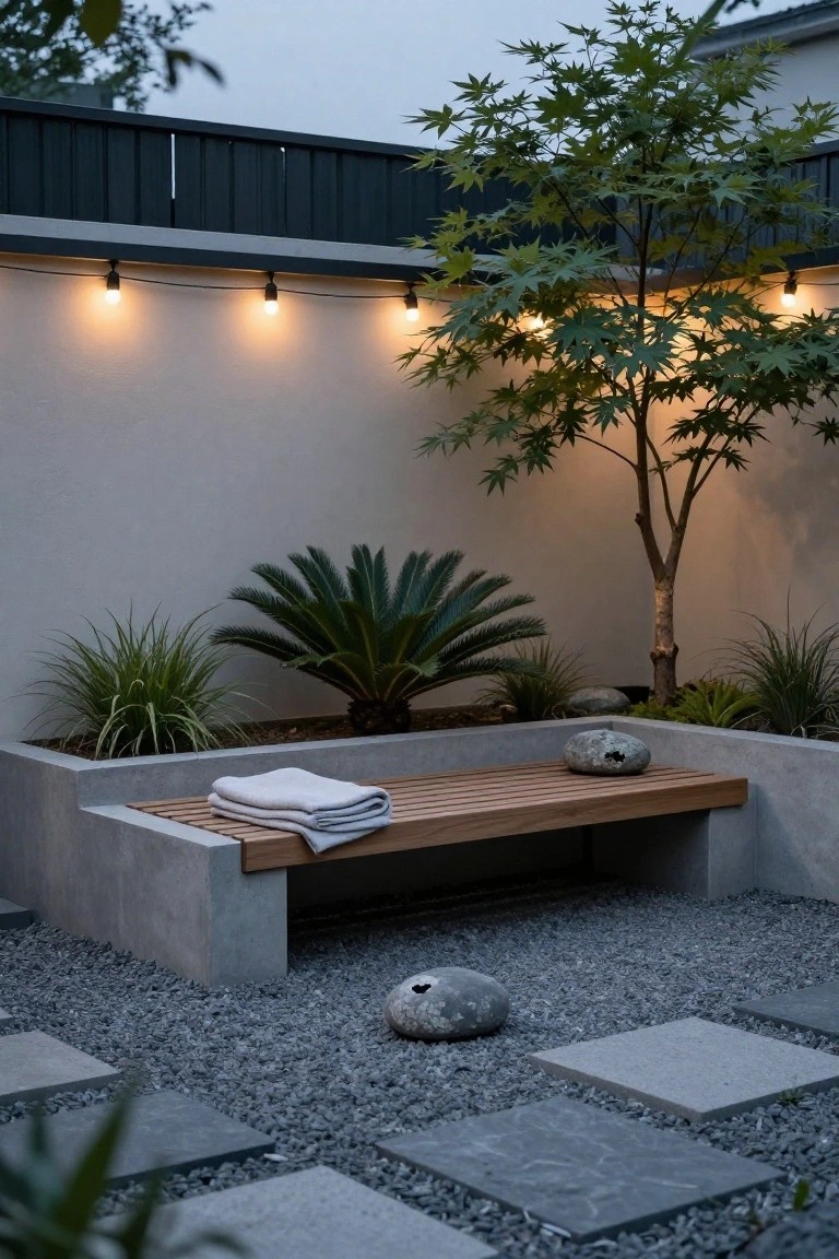A wooden bench on a concrete planter in a gravel garden, with string lights along a beige wall, potted plants, a Japanese maple tree, fan palms, grasses, and decorative stones.
