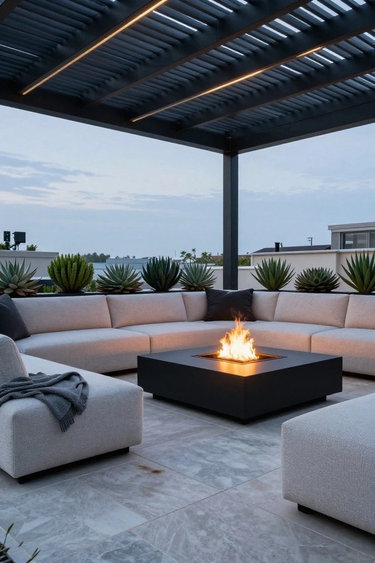 Rooftop terrace featuring a beige L-shaped sectional sofa arranged around a black square fire table with flames, under a black slatted pergola with recessed linear white LED lights, edged by potted agave plants on gray veined tile flooring, with distant ocean view at dusk.