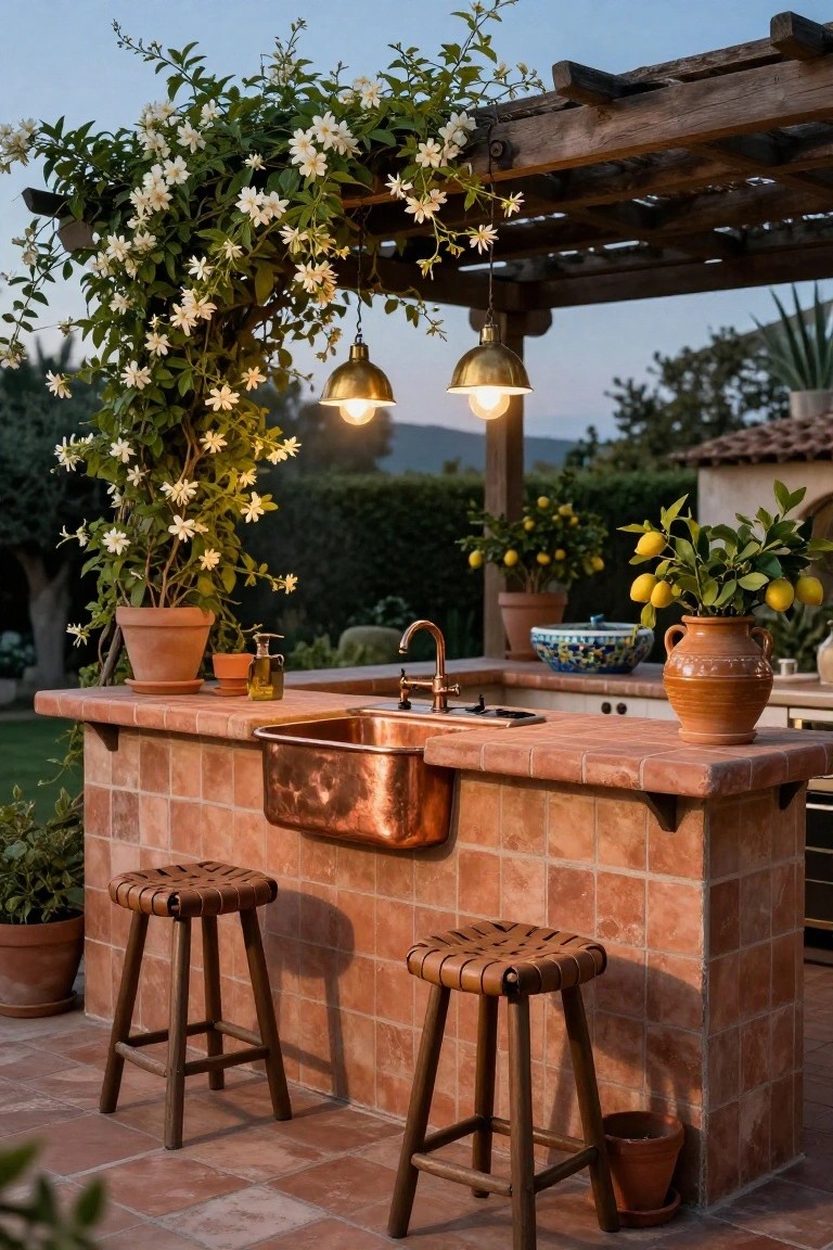 Wooden pergola draped with white flowering vines and hanging brass pendant lights above a terracotta-tiled outdoor bar counter with copper sink, faucet, two wicker bar stools, potted plants, and lemon trees in the background.