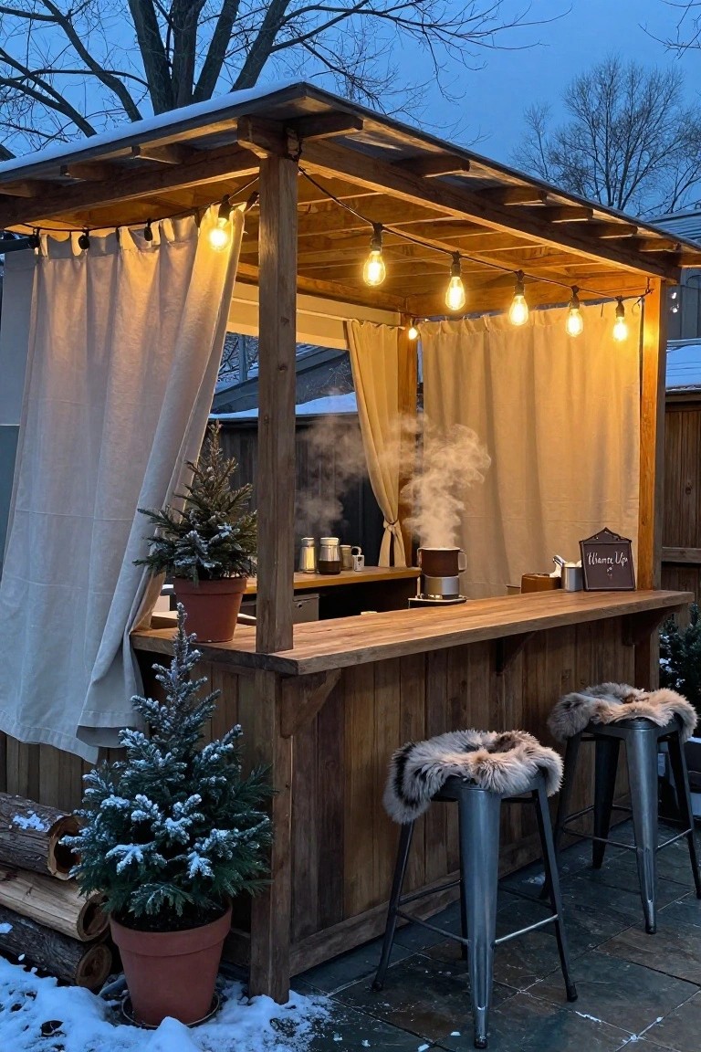 Wooden pergola structure with draped beige curtains, string lights hanging from beams, wooden bar counter holding steaming mugs and pots, two fur-covered metal stools, small snow-covered Christmas trees in pots, light snow on ground and patio at dusk.