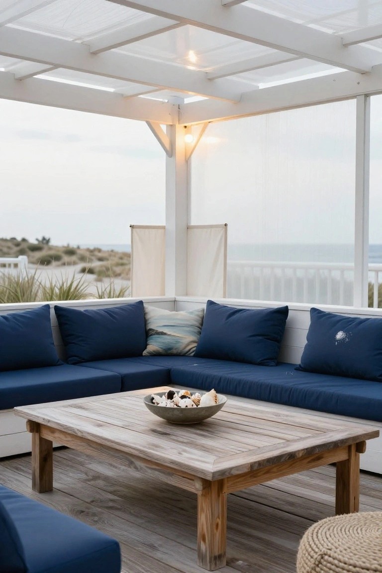 White pergola with translucent roof covering L-shaped blue cushioned bench seating on wooden deck, driftwood table with seashell bowl in center, rattan ottoman nearby, view of beach dunes and ocean.