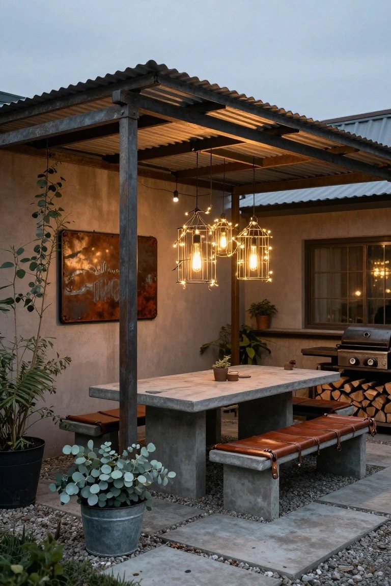 Outdoor pergola with corrugated metal roof and wooden posts, featuring three hanging gold wire cage lanterns with warm bulbs and string lights, concrete table with leather-upholstered benches, potted plants, and nearby barbecue grill.