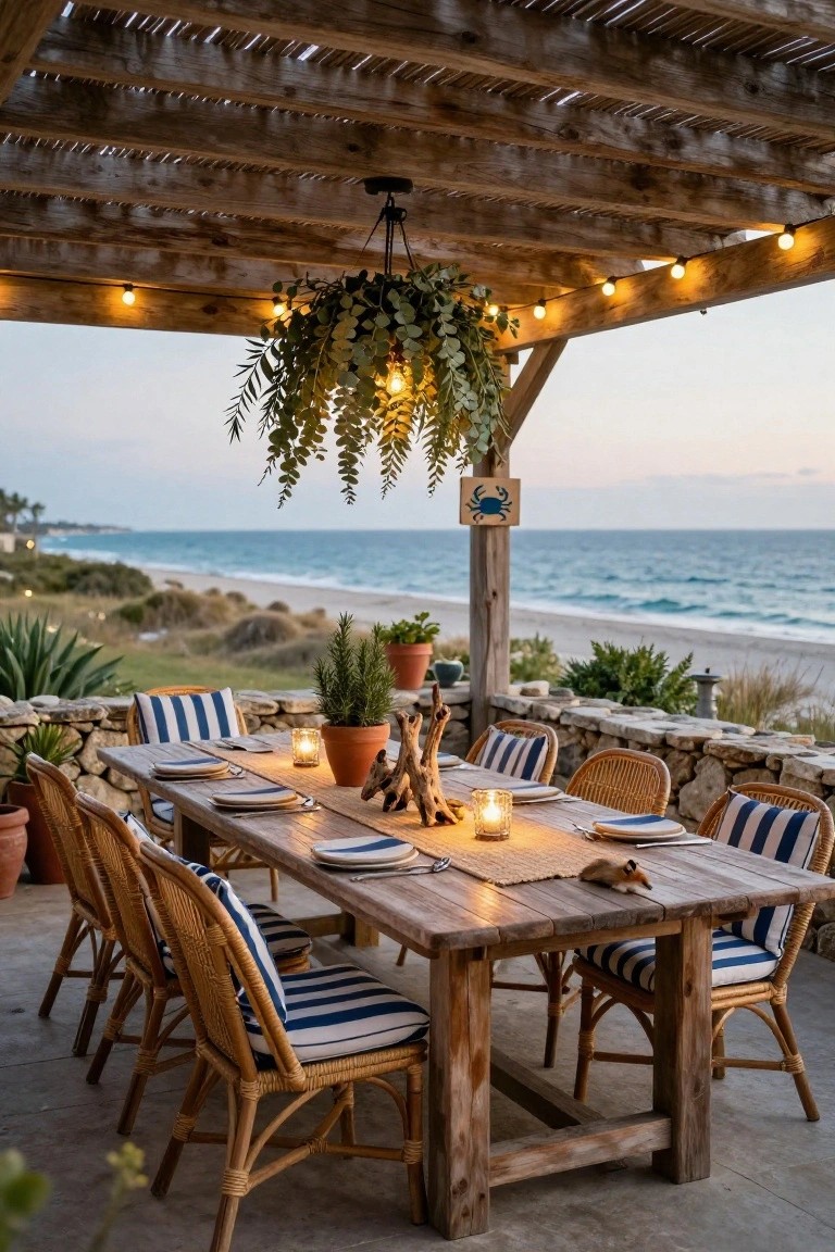 Wooden pergola with draped string lights and hanging plants over a set dining table with blue-striped chairs, stone walls, potted plants, and ocean view in background.