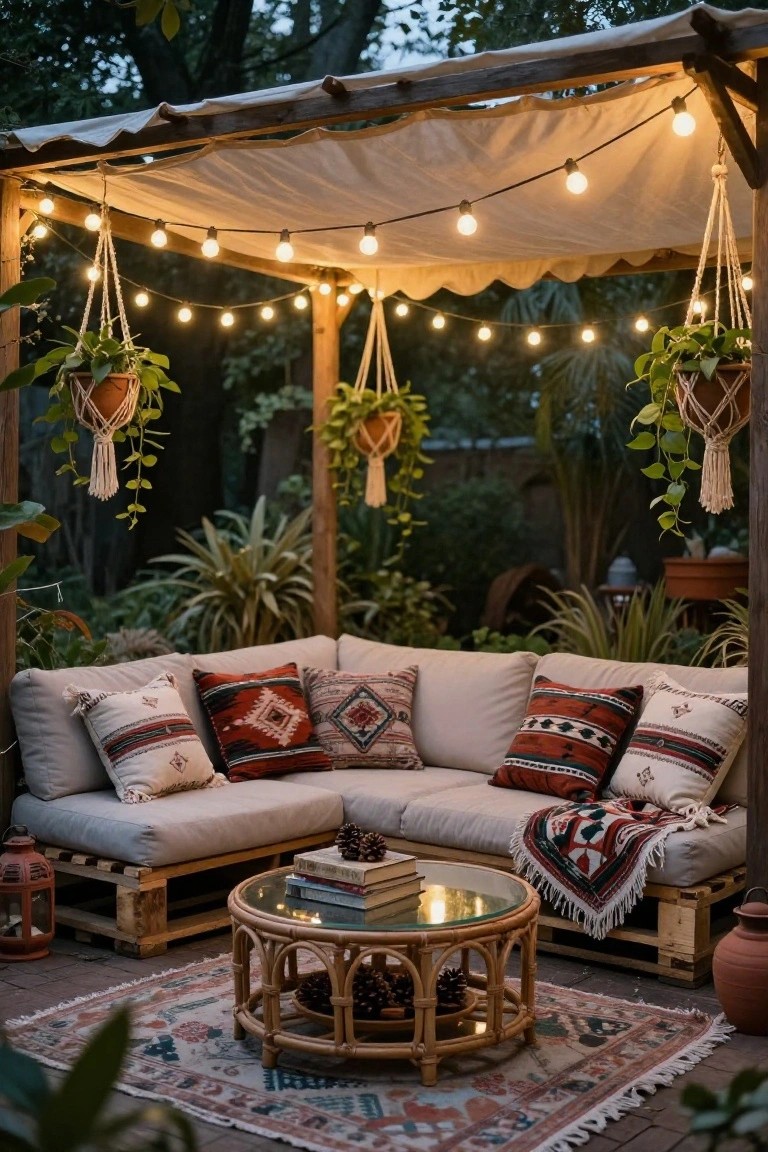 Wooden pergola with white fabric canopy draped with warm string lights, hanging plants, corner sofa with patterned cushions and throw, rattan coffee table, lantern, and rug on tiled patio amid garden greenery at dusk.