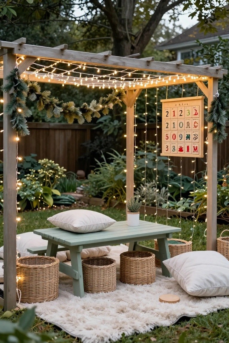 Wooden pergola strung with white fairy lights and evergreen garlands, with a hanging wooden Christmas bingo board, mint green picnic table, white pillows and rug, wicker baskets, potted plants, and garden greenery in a backyard setting.