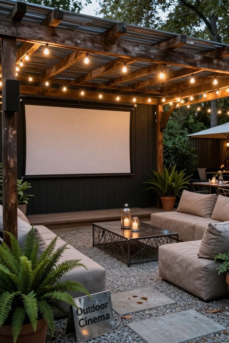 Outdoor pergola with wooden beams draped in warm string lights, large blank projector screen on dark wood wall, beige L-shaped sofas around metal table, potted plants, lanterns, and metal "Outdoor Cinema" sign on gravel patio.