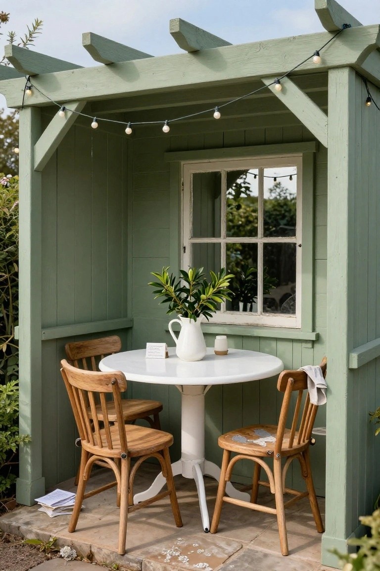 Green painted wooden pergola with string lights hanging overhead, sheltering a white round table, wooden chairs, a vase of greenery, and a small jug on stone pavers surrounded by plants.