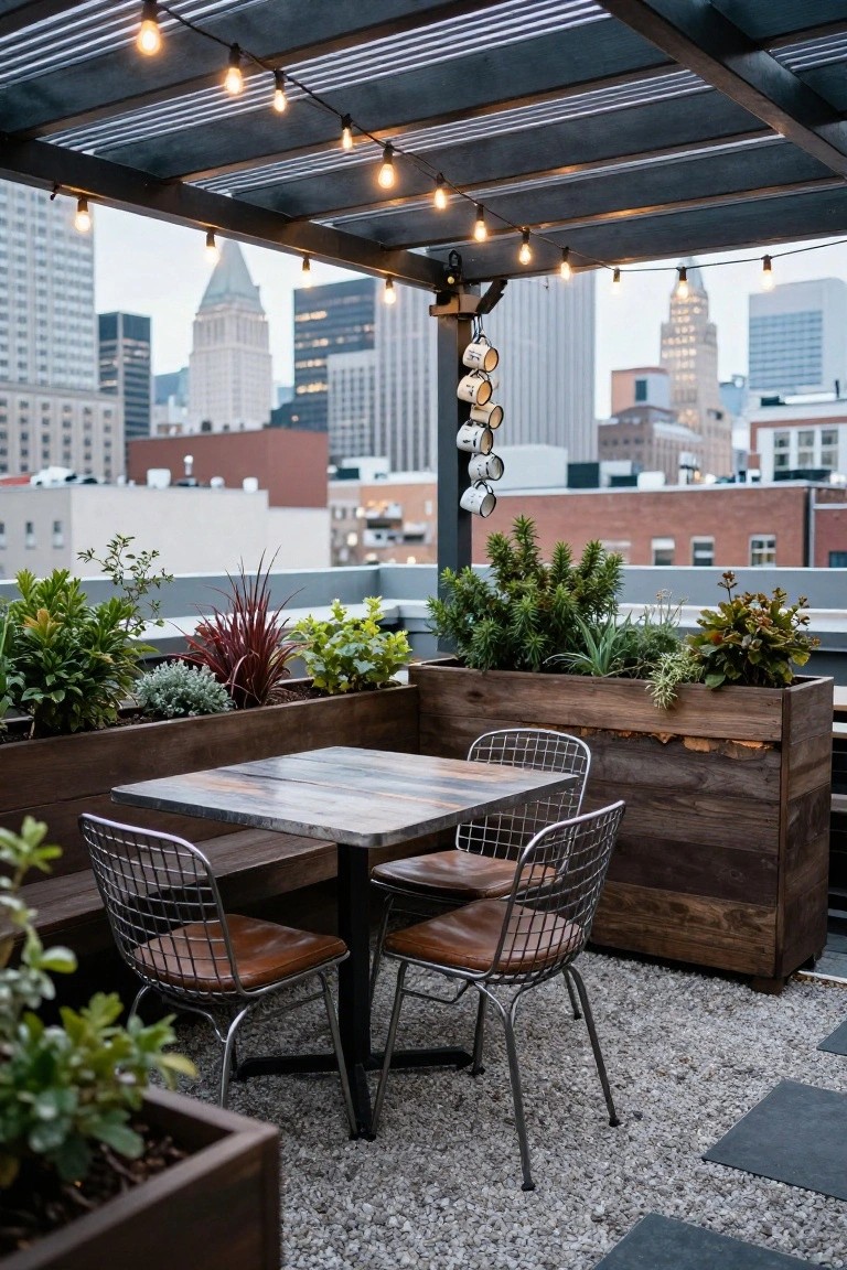 Rooftop terrace featuring a wooden dining table and two wire-frame chairs with leather seats under a dark pergola covered in warm string lights, surrounded by large wooden planters filled with various green plants, with city buildings visible in the background.