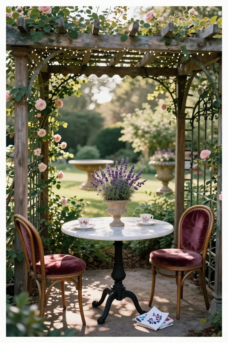 Wooden pergola arched over a small round white marble table set with floral teacups, saucers, and a vase of purple lavender, flanked by two red velvet upholstered chairs, with pink climbing roses, string lights, and garden plantings visible.