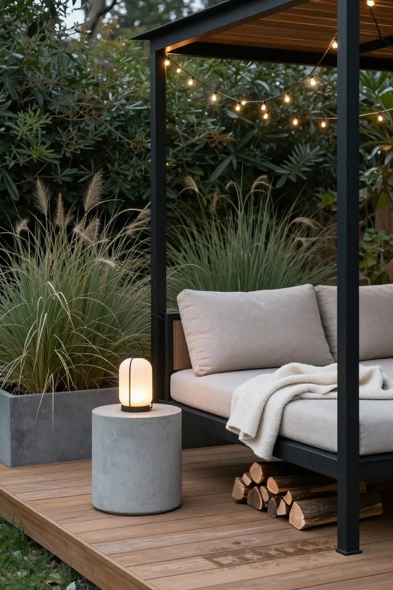 Black metal pergola with string lights draped along the top, over a beige cushioned daybed sofa on a wooden deck, next to a concrete side table with a lit lantern, pampas grass plants, and firewood stacked underneath, surrounded by greenery.