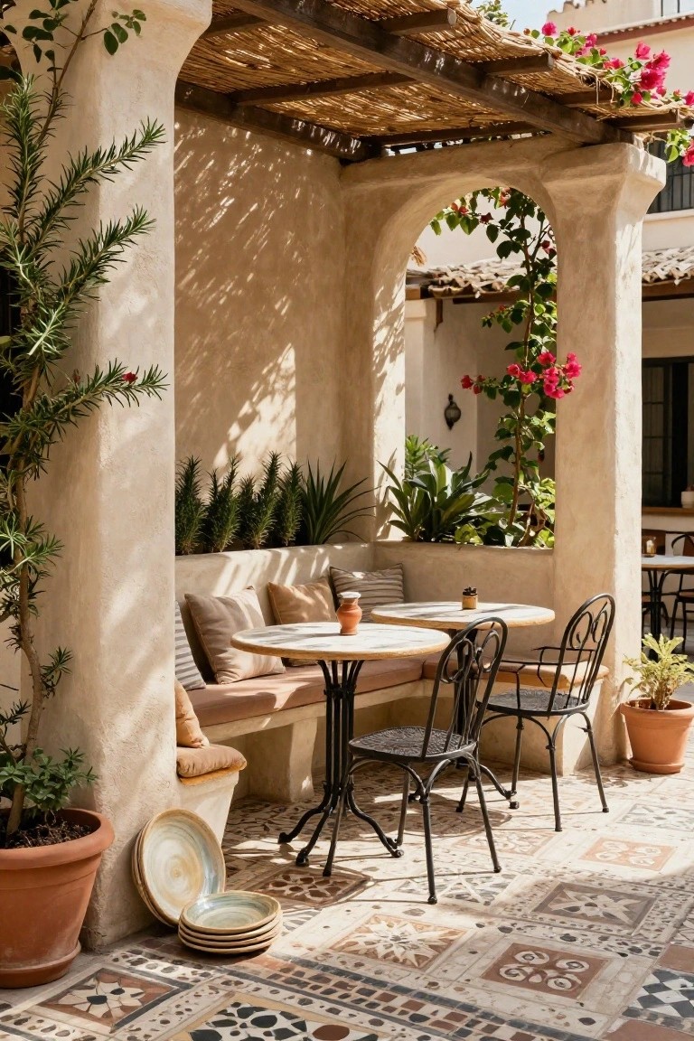 Arched outdoor seating area under thatch-roofed pergola with beige stucco walls, cushioned bench, two round cafe tables, black metal chairs, potted plants, and patterned tile floor.