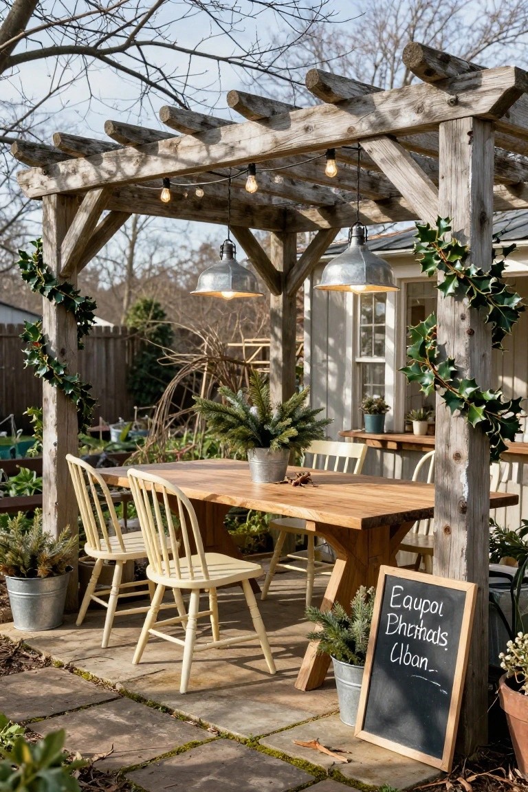 Wooden pergola with hanging string lights and galvanized pendant lights over a farmhouse-style dining table and pale wooden chairs, decorated with holly garlands and potted fir branches next to a gray shed on a stone patio.