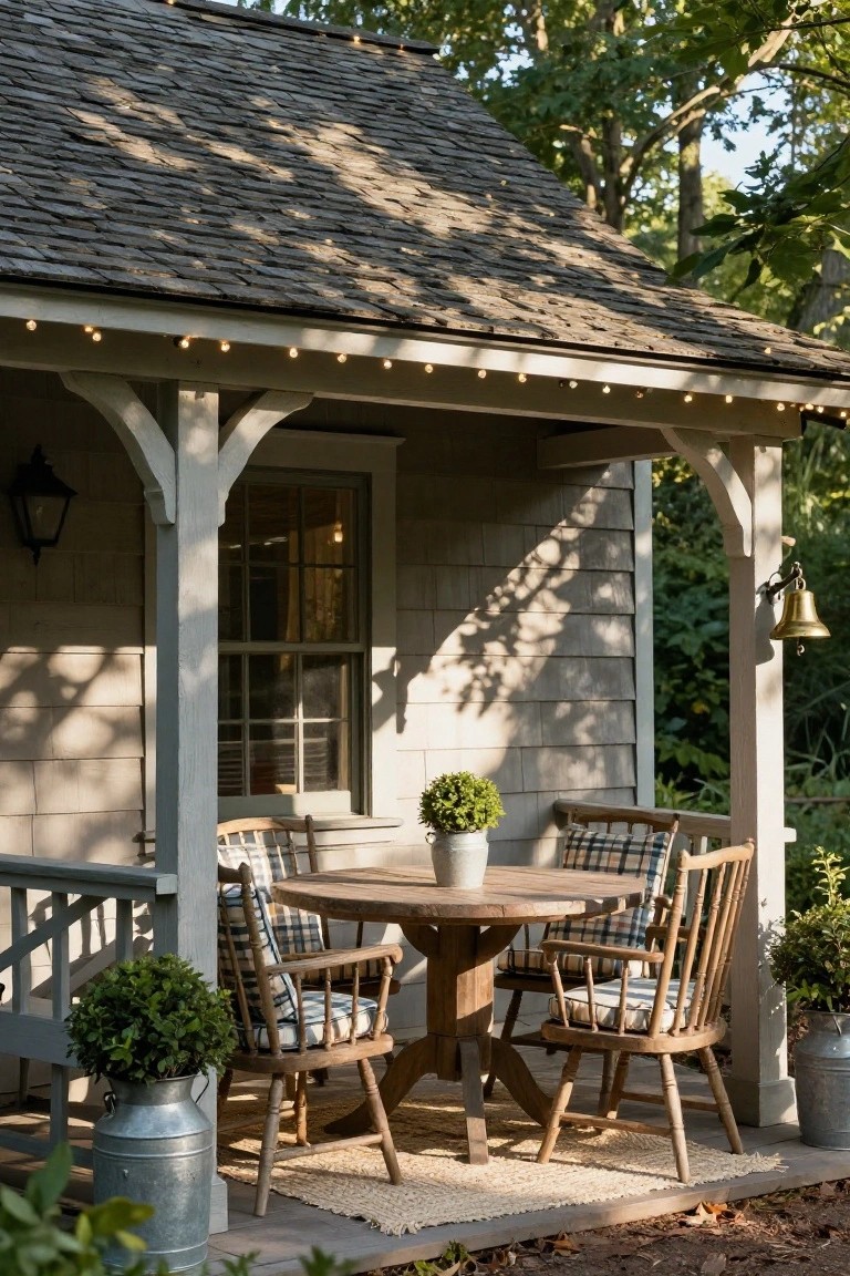 Gray shingled porch with white wooden beams and posts, string lights along the eaves, round wooden table with four plaid-cushioned chairs, potted boxwood plants, galvanized buckets, and a hanging lantern on a deck surrounded by trees.