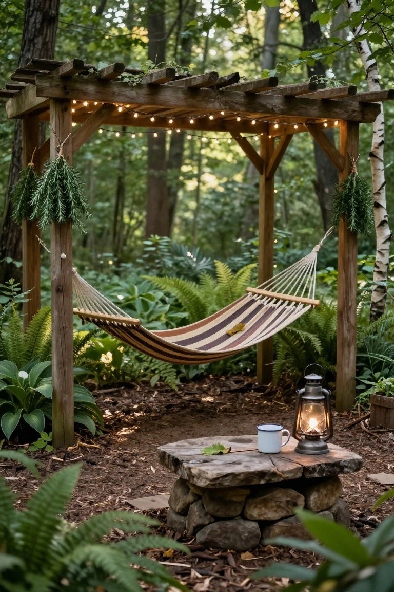 Wooden pergola in a lush green garden with overhead string lights, a striped hammock hanging between posts, hanging herb bundles, ferns and hostas around the base, and a stone table holding a lantern and enamel mug.