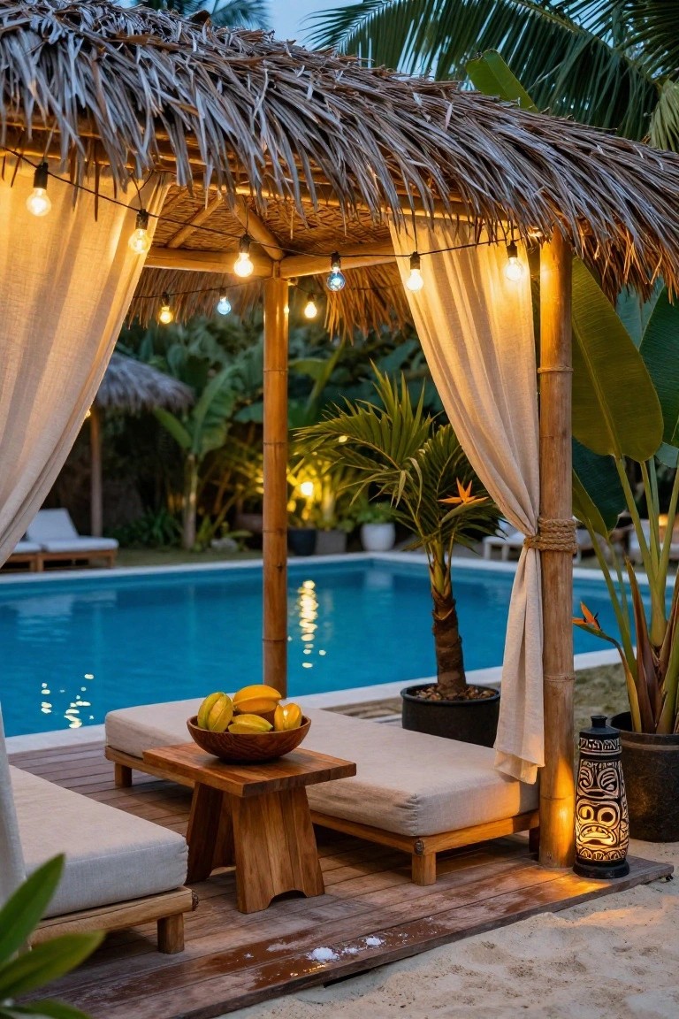 Thatched pergola with draped string lights over cushioned daybeds and a wooden table holding a bowl of bananas, beside a lit blue swimming pool amid tropical plants and palms.