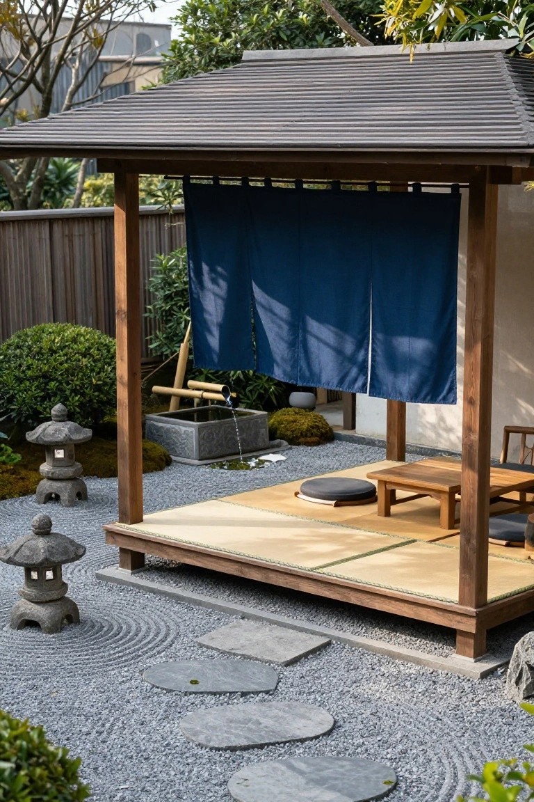 Wooden pergola sheltering a tatami mat platform with cushions, low table, blue hanging curtains, stone lanterns, bamboo water fountain, and surrounding gravel garden with stepping stones.