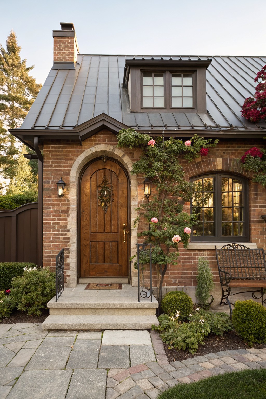 Brown brick house exterior with arched wooden front door framed by climbing pink roses, flanked by lanterns and a wrought iron bench, dark metal roof overhead, and stone pathway leading up.