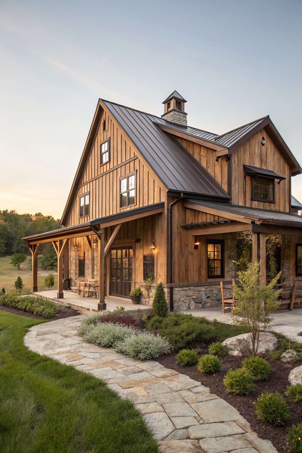 A two-story brown vertical wood-clad house with dark standing seam metal gable roof, wraparound porch supported by timber posts, stone foundation, and flagstone path through landscaped yard at dusk.