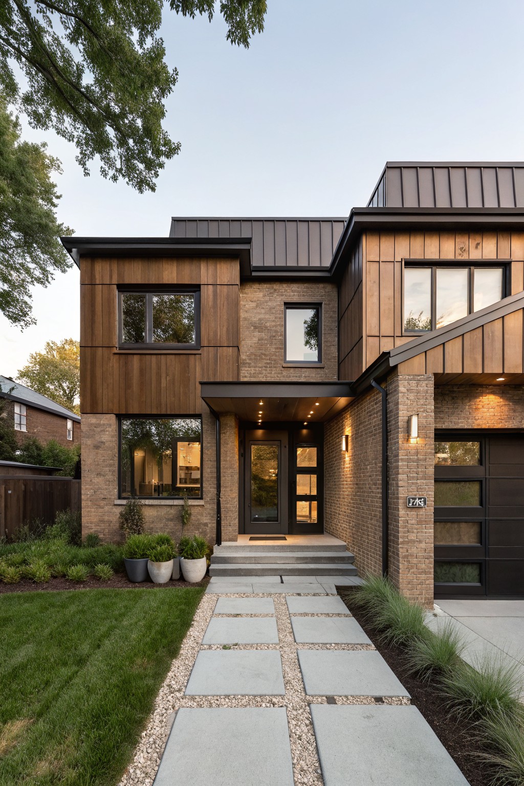 Front exterior of a modern two-story house with brick lower walls, vertical wood siding on upper sections, dark metal roof, large windows, glass garage door, and concrete paver pathway to the entry.