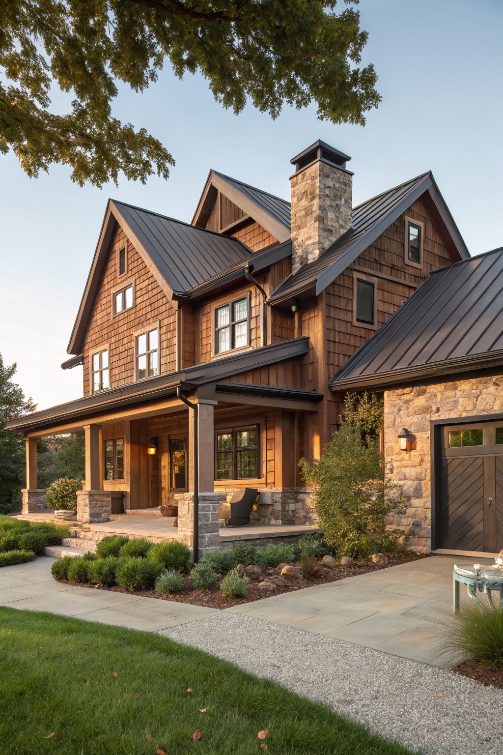 Two-story house with brown wood shingle siding, dark standing seam metal roof, stone chimney and garage accents, covered front porch, and surrounding landscaping on a lawn with pathway.