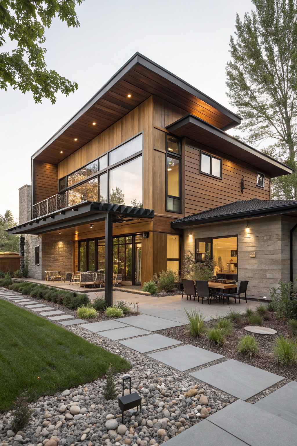 Brown Wood Cladding with Metal Roof Details