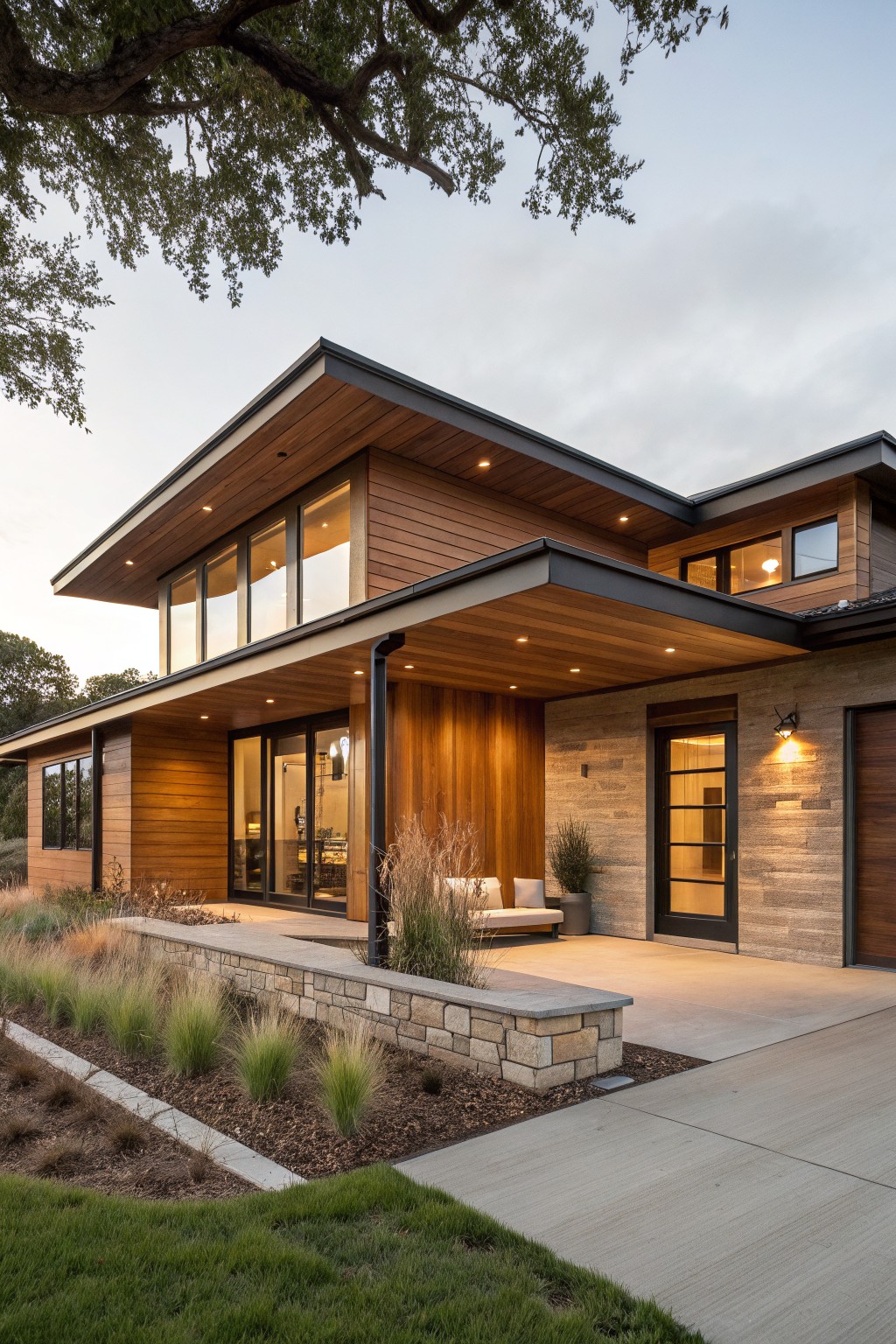 Modern house exterior featuring brown horizontal wood siding, dark metal roof with overhangs, large glass windows and doors, covered entry area, stone wall, and native grasses in the landscape.
