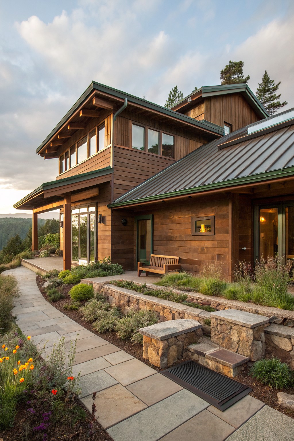 Two-story house with brown horizontal wood siding and dark metal roof edged in green, large windows, wooden bench on porch, stone retaining walls, paver path with grasses and flowers, forested hillside background at sunset.