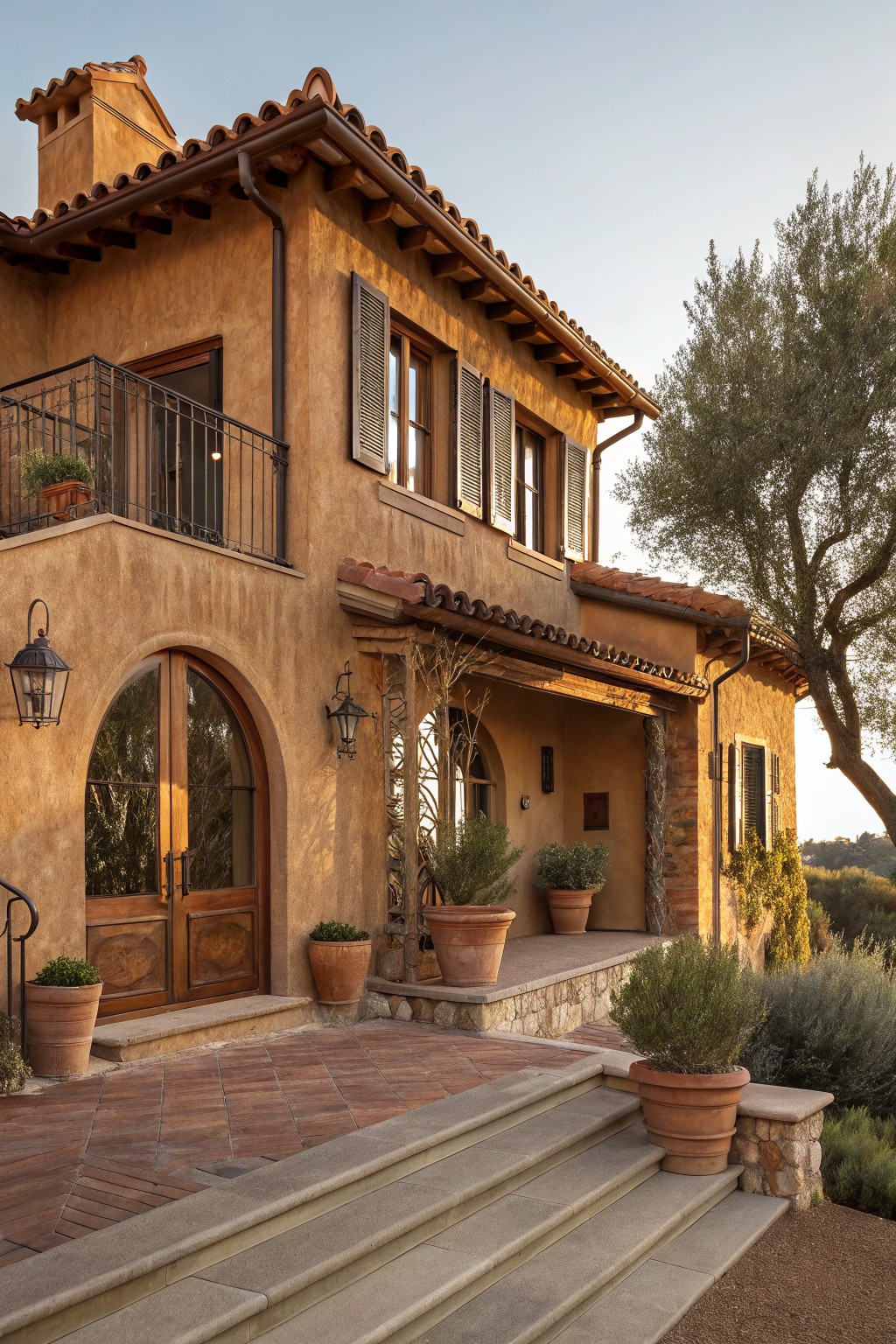 Two-story house exterior with beige-brown stucco walls, terracotta barrel tile roof, arched wooden double doors, black metal balcony railing, stone accents, lanterns, potted plants, brick pavers, concrete steps, and olive trees in a hillside landscape at dusk.