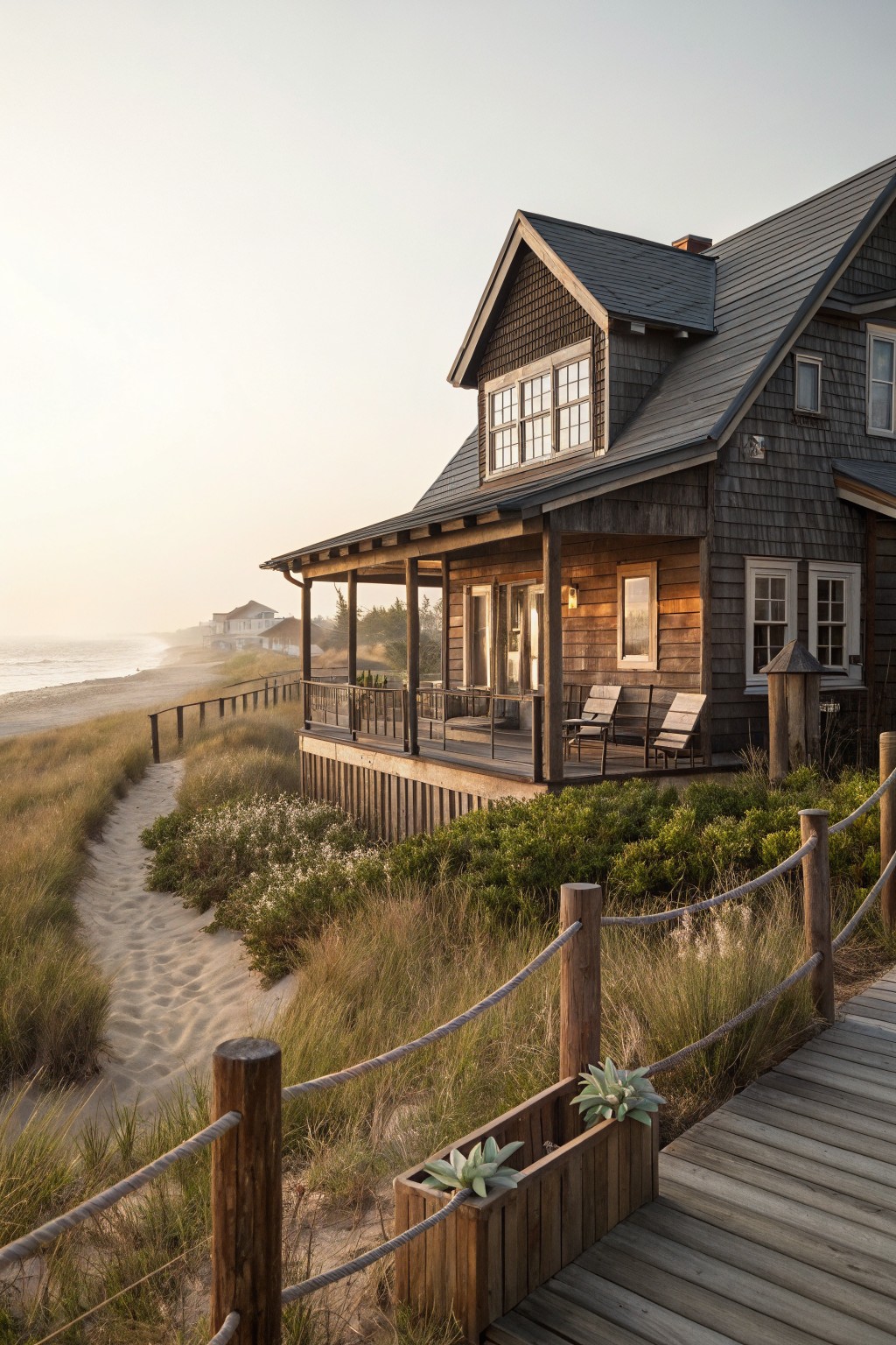 Two-story beach house with dark shingle siding, sloped metal roof, wraparound wooden porch elevated on pilings above sand dunes, boardwalk path, and ocean in the background.