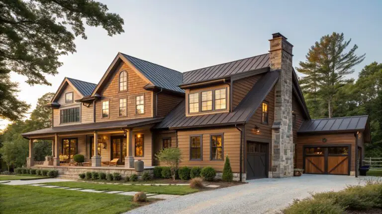 Two-story house with brown wood shingle siding, dark standing seam metal roof, stone chimney and garage accents, covered front porch, and surrounding landscaping on a lawn with pathway.