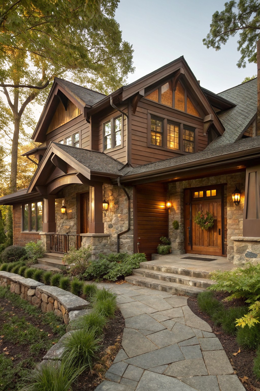 Brown wood-sided house exterior with gabled entry porch supported by stone pillars, wooden front door with wreath, lanterns on sides, steps leading to stone pathway, and surrounding landscaping with trees.
