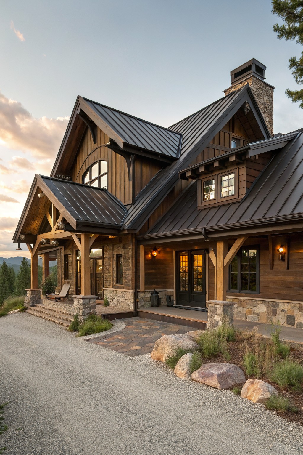 Two-story house exterior with dark standing-seam metal gabled roof, brown wood siding and trim, stone foundation and accents, timber-framed covered porch, gravel driveway, large rocks, and sparse native plants in a mountainous landscape at dusk.