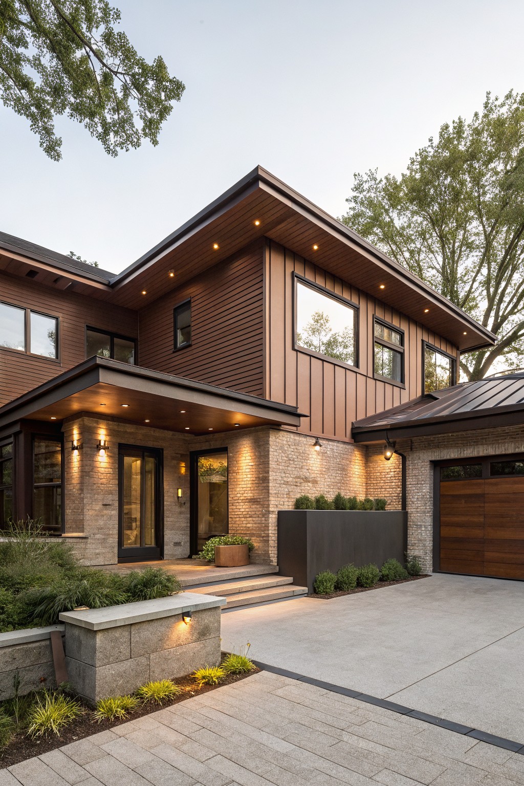 Modern two-story house exterior featuring vertical brown siding, dark metal roof, brick base at entry with glass door, wood garage door, landscape planters, and concrete driveway.