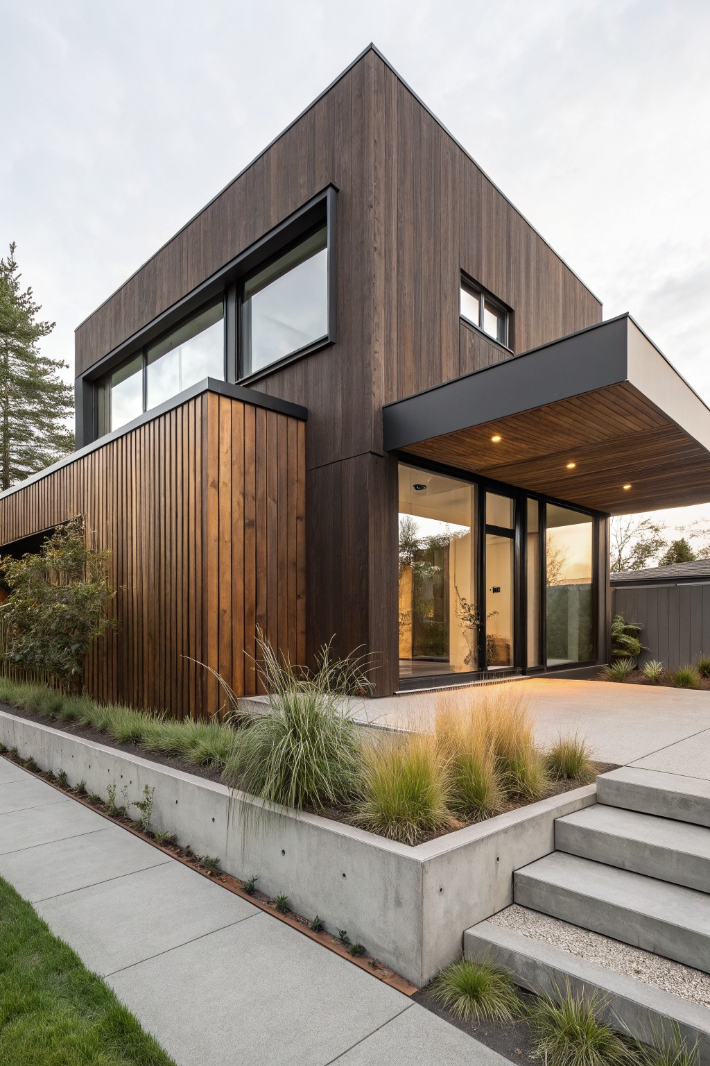 Modern two-story house with dark brown vertical wood cladding, black metal roof edges, large horizontal windows, covered entry porch with wood ceiling, concrete steps, raised planters with grasses, and adjacent sidewalk and lawn.