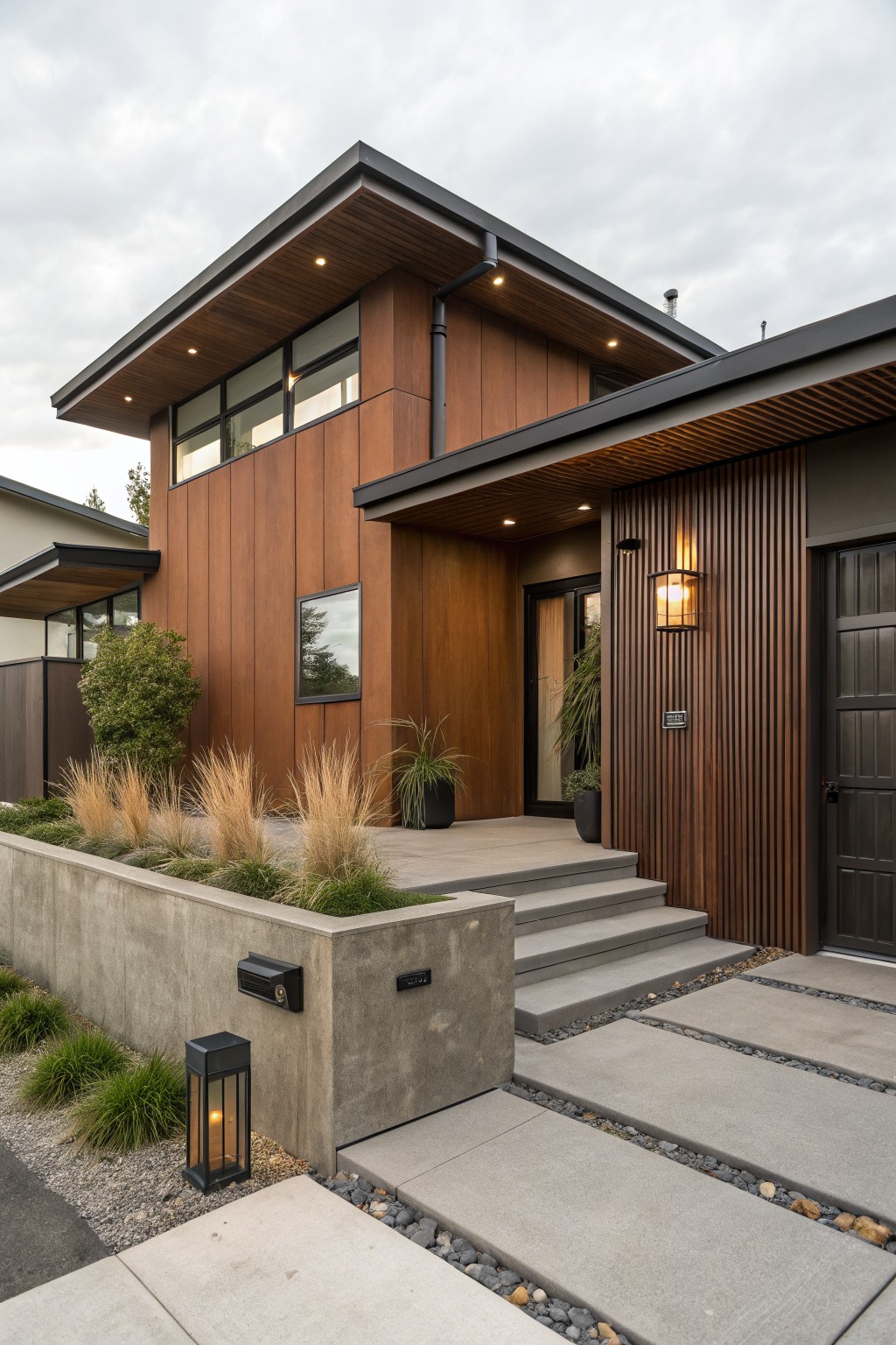 Modern two-story house facade with brown vertical wood cladding, recessed entry with ribbed wood panels beside a wood door, concrete steps and retaining wall, ornamental grasses, lantern lights, and pebble-filled concrete path.