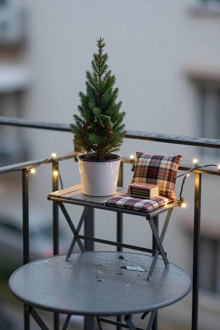 Small potted Christmas tree on wooden side table with plaid pillow and red matchbox on adjacent chair, string lights wrapped around metal balcony railing and furniture, gray round table below on balcony.