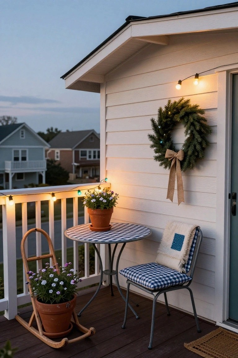 Cozy porch with a checkered table, potted plants, and warm string lights.