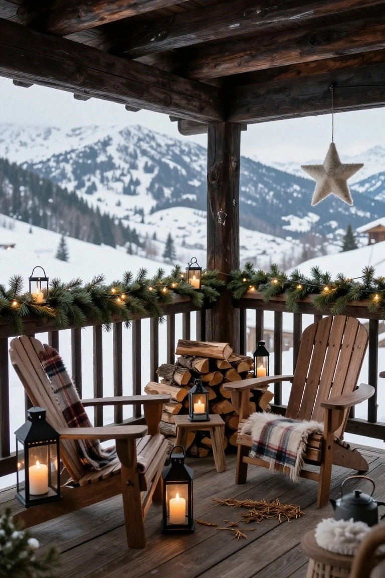 Cozy snowy patio with wooden chairs, lanterns, and festive garland, overlooking mountains.