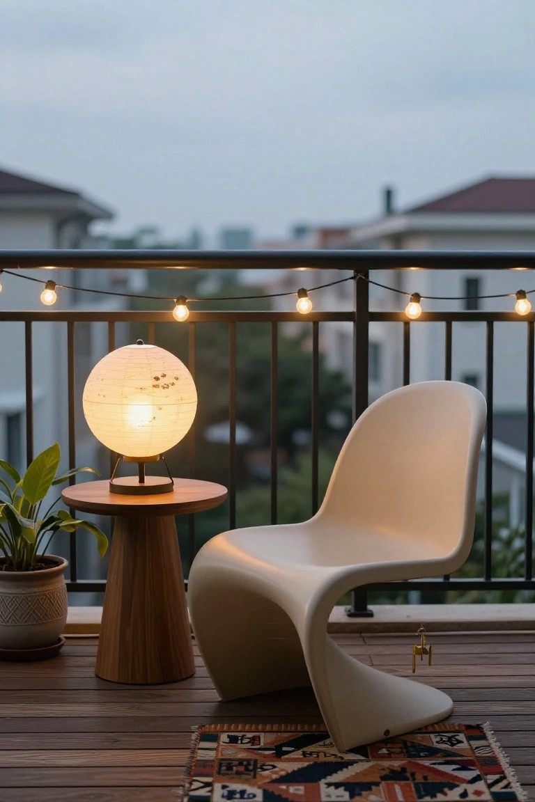 Wooden balcony deck with white molded plastic chair beside a tapered wooden side table holding a lit paper globe lamp and potted plant, string lights draped along black metal railing, colorful patterned rug on floor, overlooking rooftops at dusk.