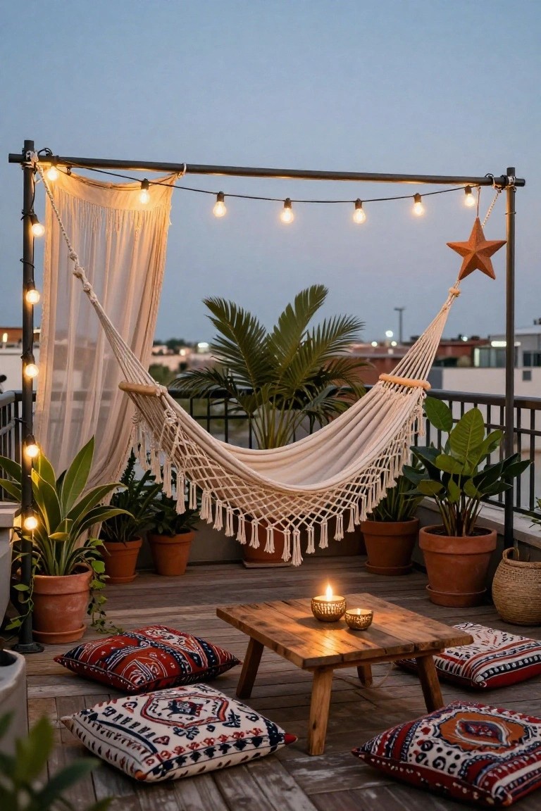 Balcony deck with white hammock suspended from black metal frame under string lights and sheer curtains, potted plants around wooden low table with candles and floor cushions, city view at dusk.