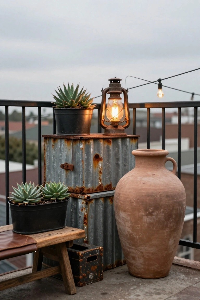 Balcony railing with potted succulents and agave plants in black pots, large terracotta jar, rusty metal crate as pedestal, wooden bench with leather cushion, hanging lit lantern, string lights with glowing bulbs strung overhead, overlooking rooftops on a cloudy day.