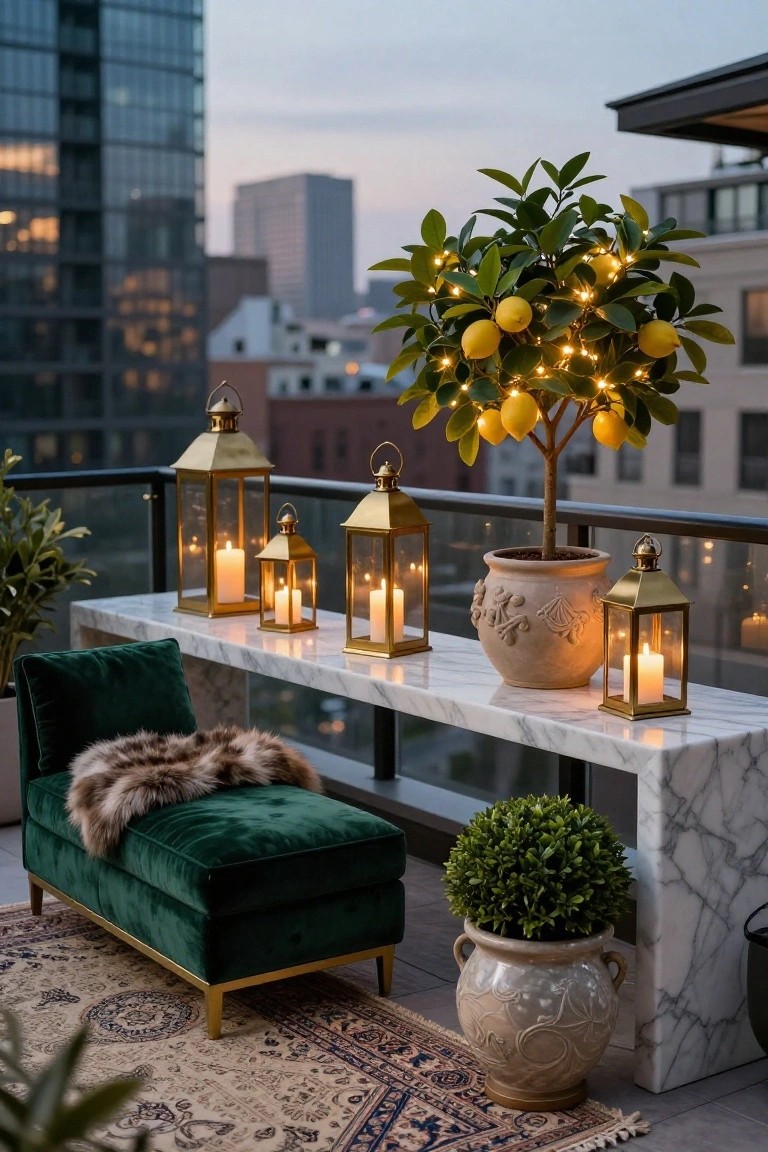 Rooftop balcony at dusk with white marble console table holding several brass lanterns with lit candles, potted lemon tree strung with fairy lights, green velvet chaise lounge with fur throw, boxwood topiary in terracotta pot, and Persian rug on floor, city skyline in background.